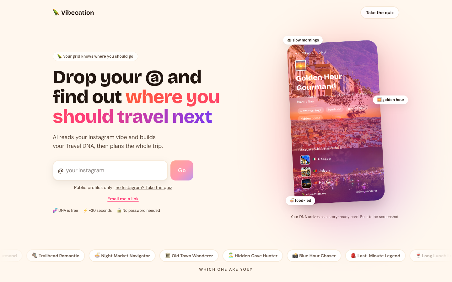Vibecation Travel DNA share card with matched destinations